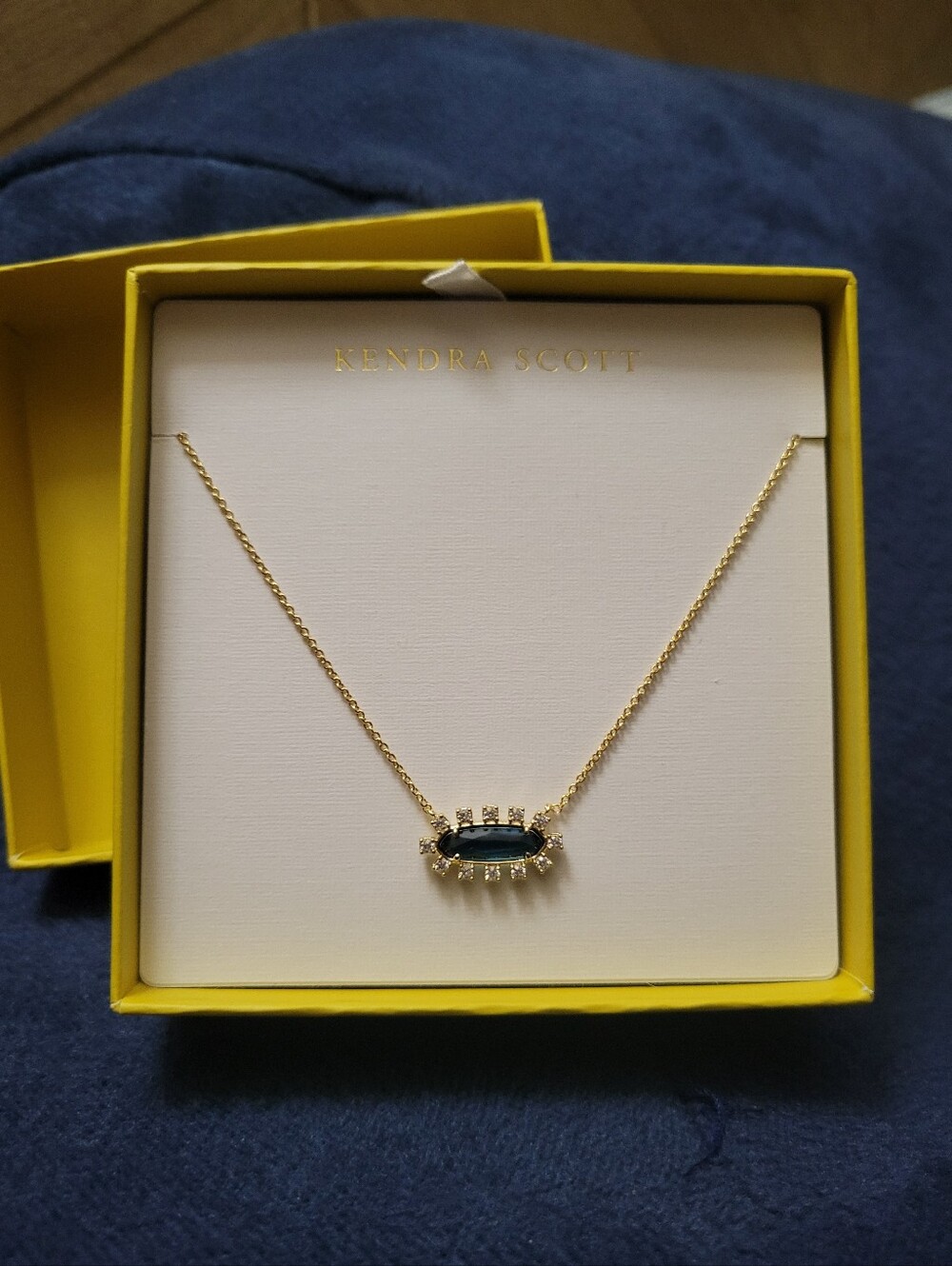 Kendra Scott Eva Framed Pendant Gold Necklace with Teal Glass Stone and Halo